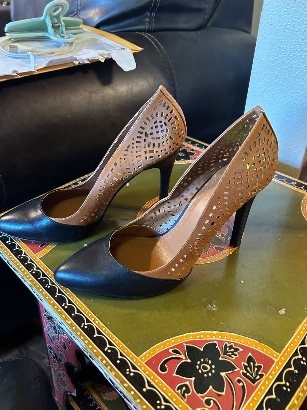 BCBGeneration Black and Tan Laser-Cut Pointed-Toe Pumps